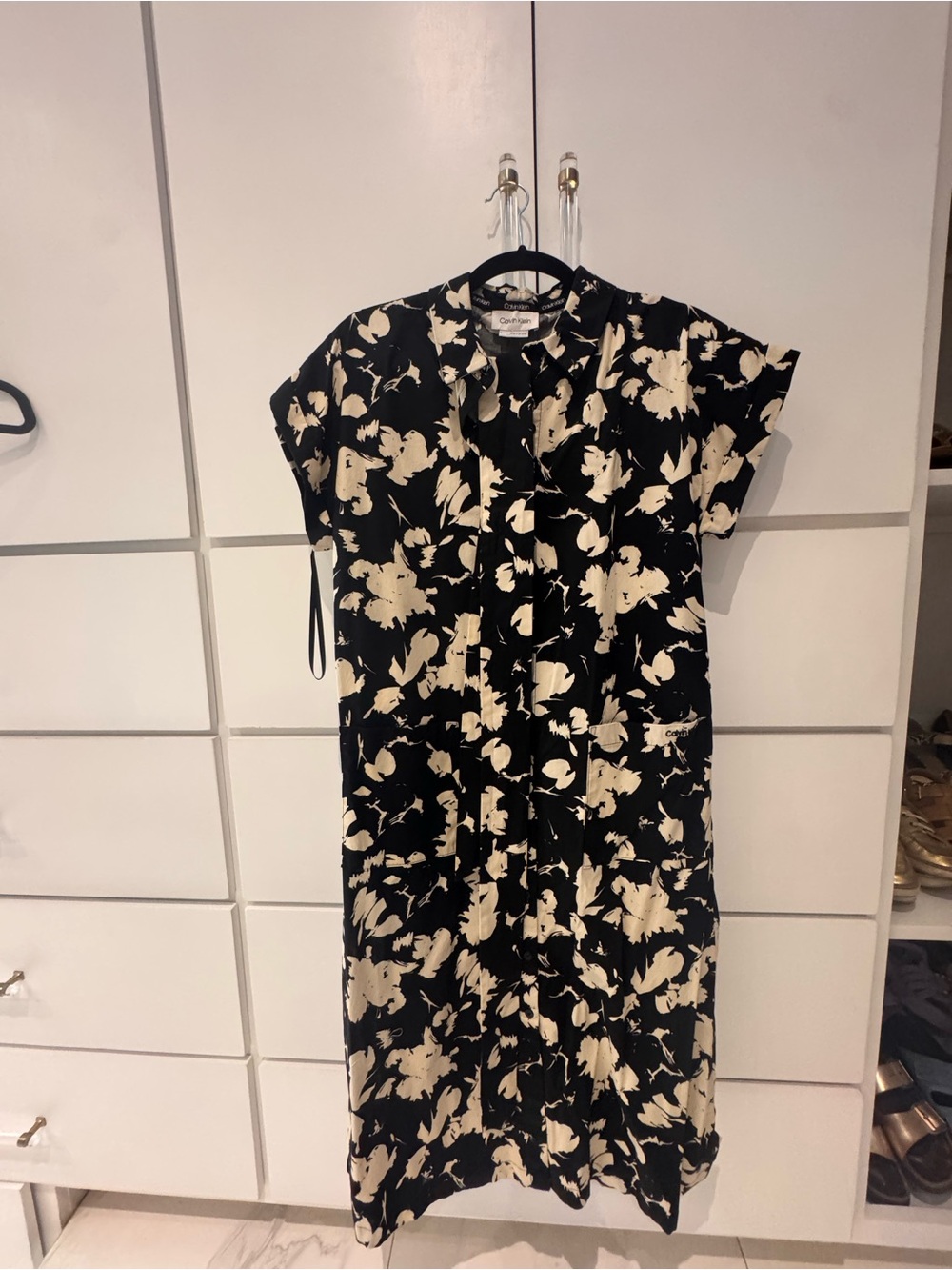 Calvin Klein Black and Cream Floral Midi Dress